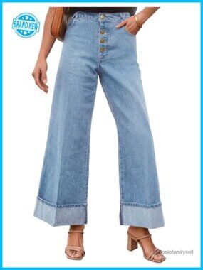 Wide Leg Mid Rise Straight Leg Turned-up Hem Jeans Button Fly